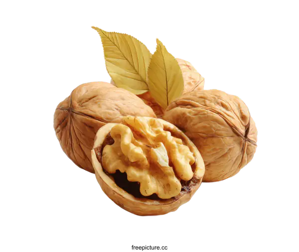 [Transparent Background PNG]Closeup of Walnuts with Dried Leaves