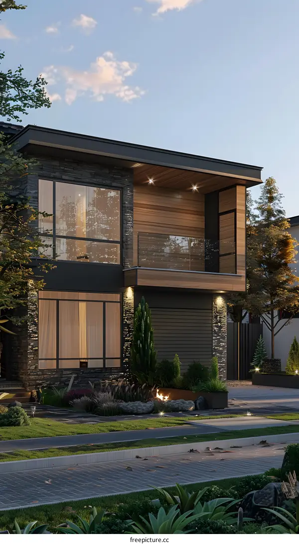 Modern House with Stone and Wood Exterior