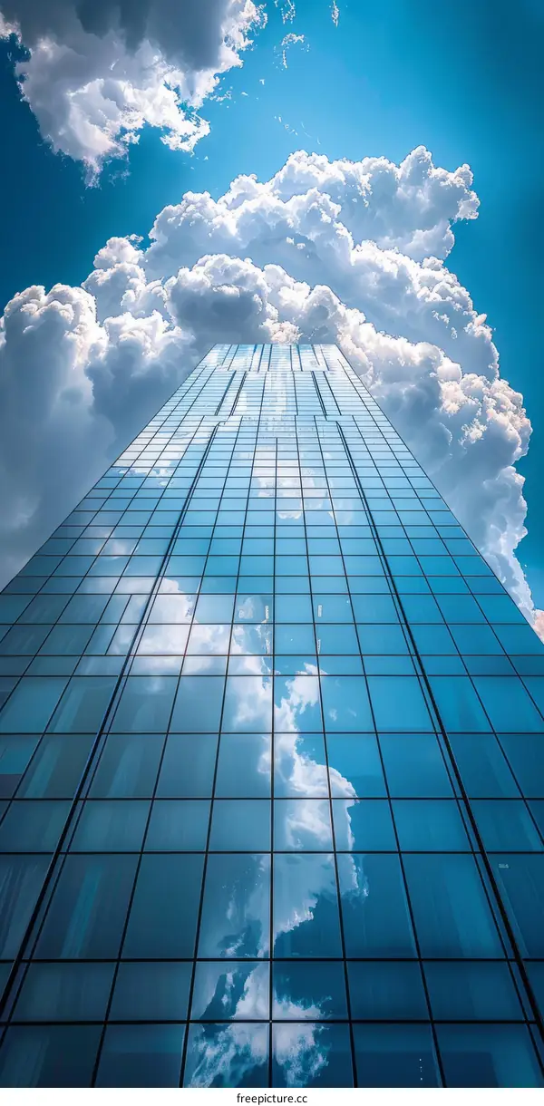 A tall skyscraper made of reflective glass with a cloudy blue sky reflecting off of it