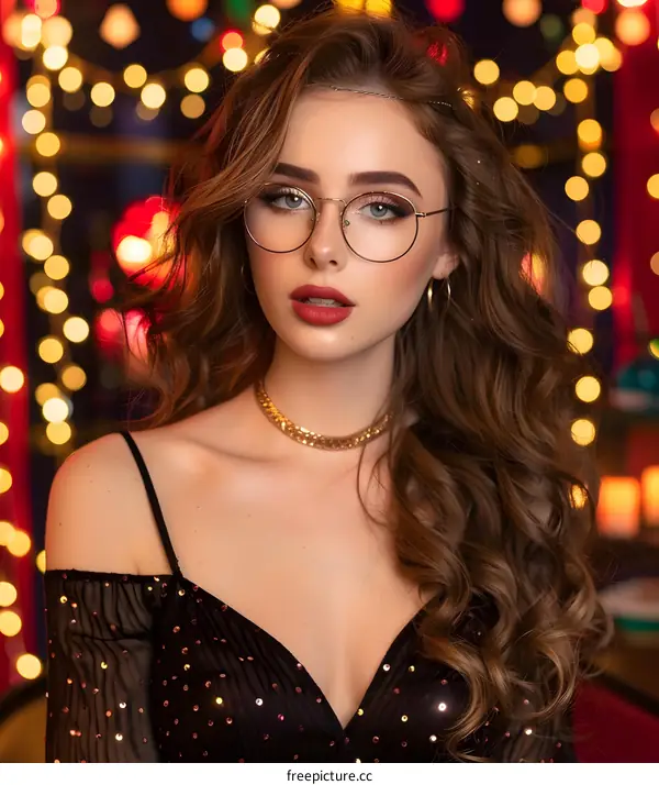 Portrait of a Beautiful Young Woman with Long Brown Hair Wearing Glasses and a Black Dress