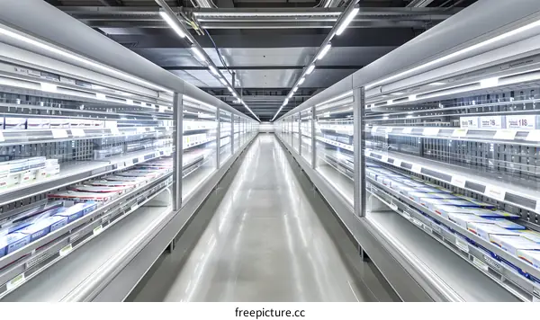 Empty Supermarket Aisle with Refrigerated Shelving
