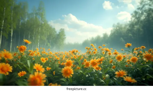 Vibrant Yellow Wildflowers Meadow with Trees in the Background