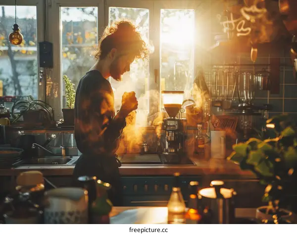 Bearded man making coffee in the morning sunlight