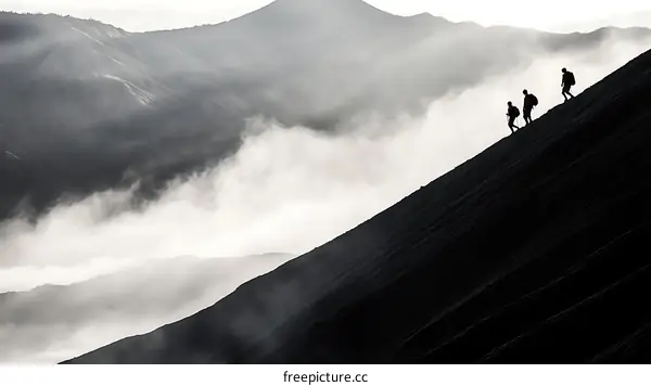 Hikers Ascending a Volcanic Slope