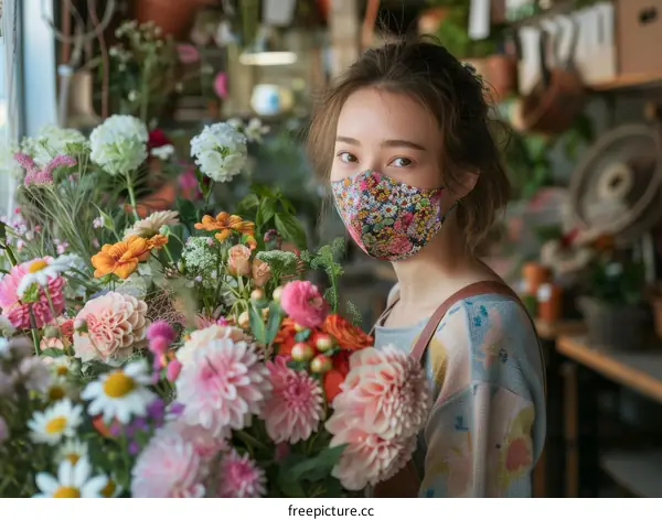 Portrait of a young florist wearing a floral mask standing in a flower shop