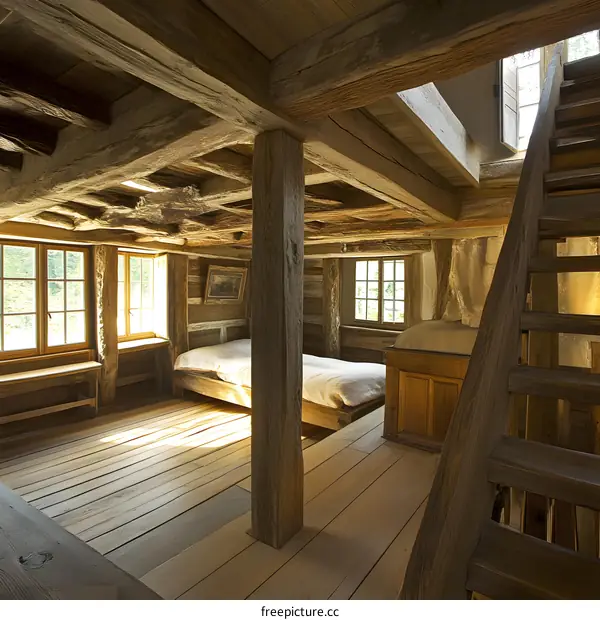Wooden Beams and Rustic Interior of a Farmhouse