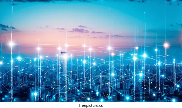 City lights at night with a glowing network of connections