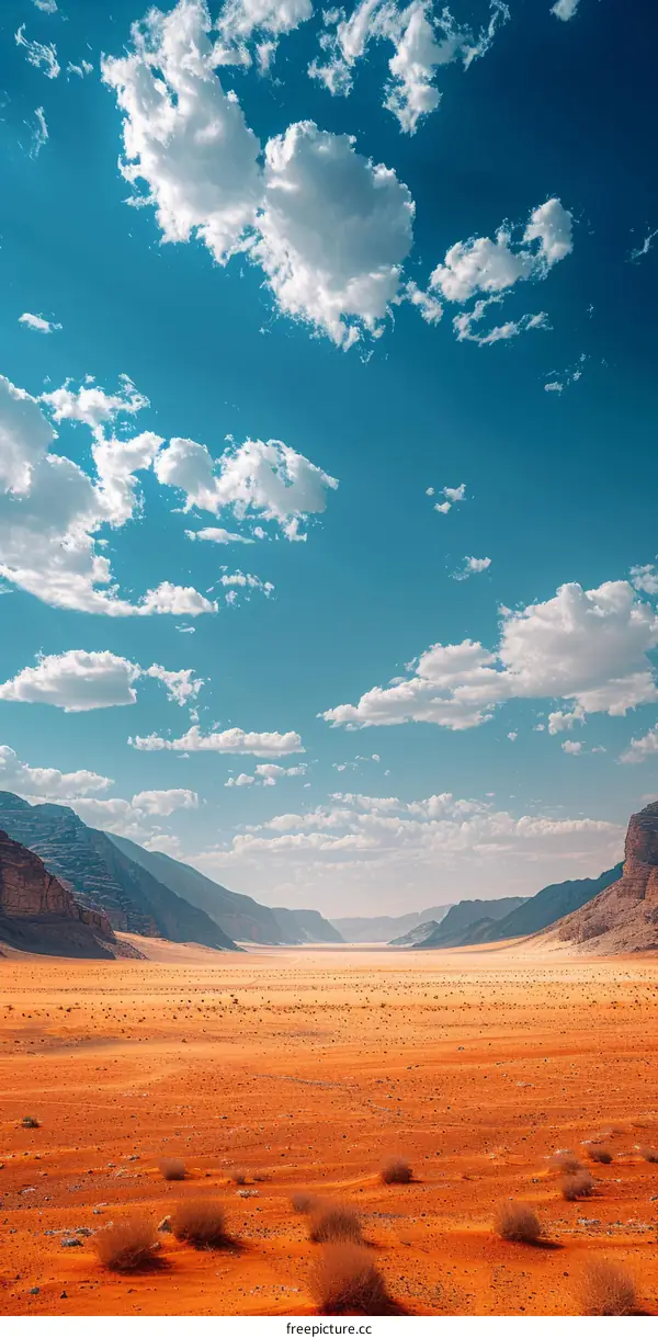 A vast desert landscape with mountains in the distance