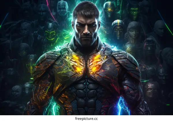 A futuristic soldier standing among alien creature