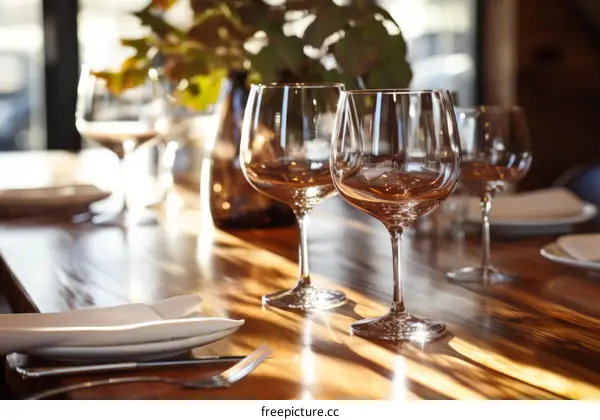 Empty Wine Glasses on a Wooden Table in a Restaurant