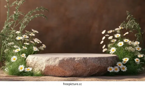 Natural Stone Product Display with Daisies