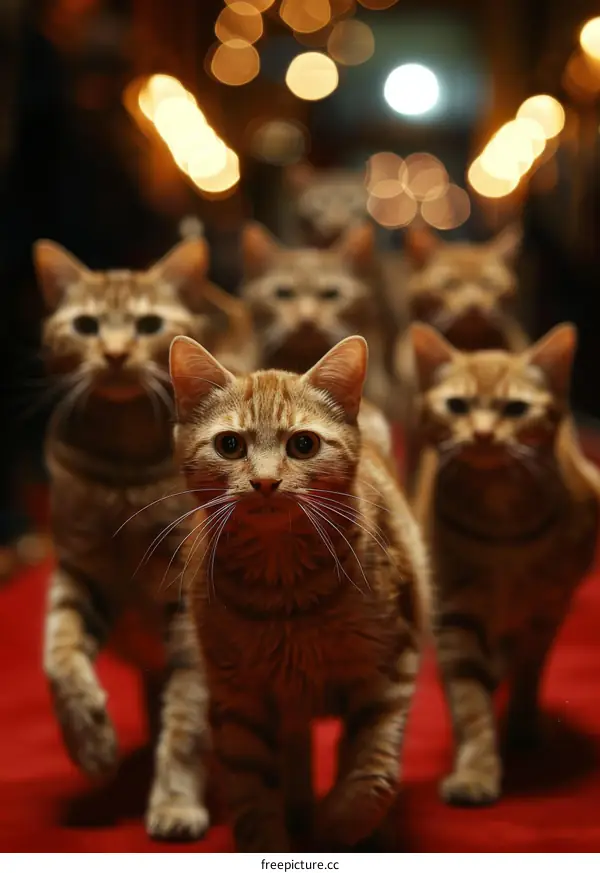 A Group of Ginger Cats Walking on a Red Carpet