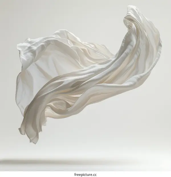 White Fabric Cloth Flying Flowing Waving Wind Isolated On Light Gray Background