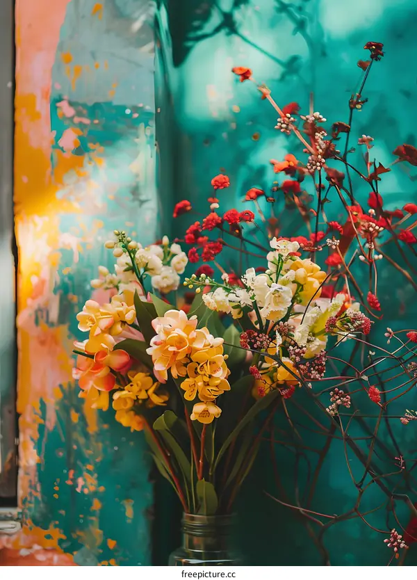 Colorful Flowers in a Vase Against a Teal Wall