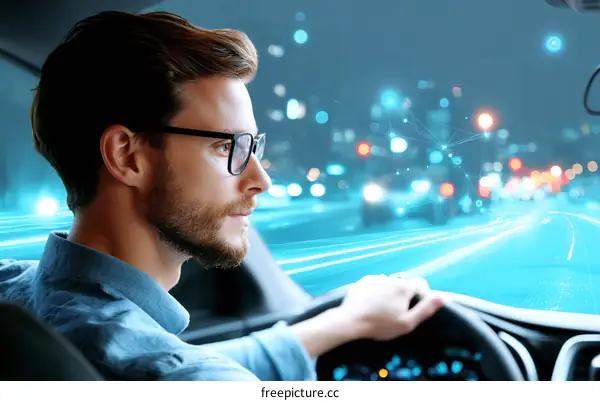 Man driving modern car with blurred city lights at night