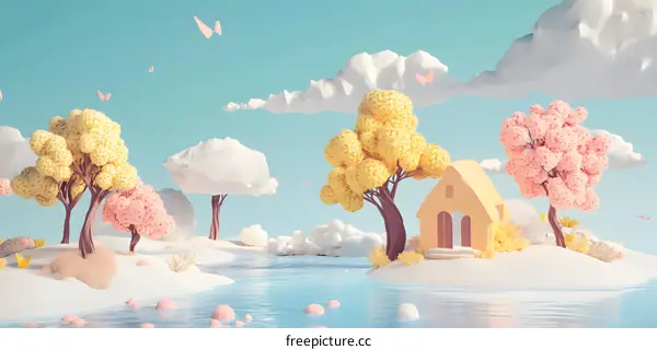 Cartoon House with Trees and Butterflies