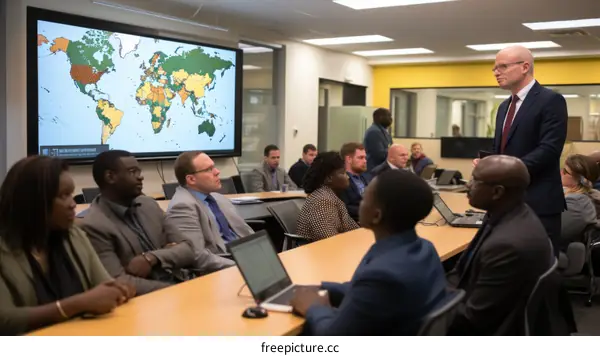 Group of people in a conference room looking at a world map