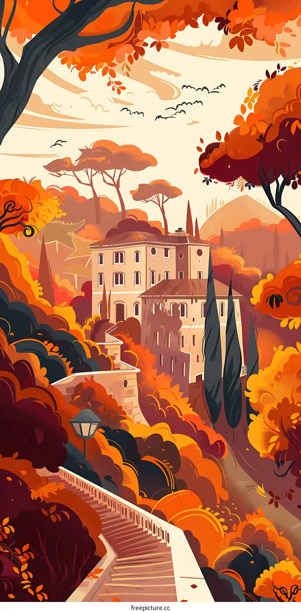 Autumn Landscape with Stone Steps and Building