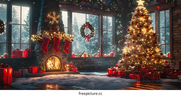 Beautifully decorated Christmas tree by the fireplace