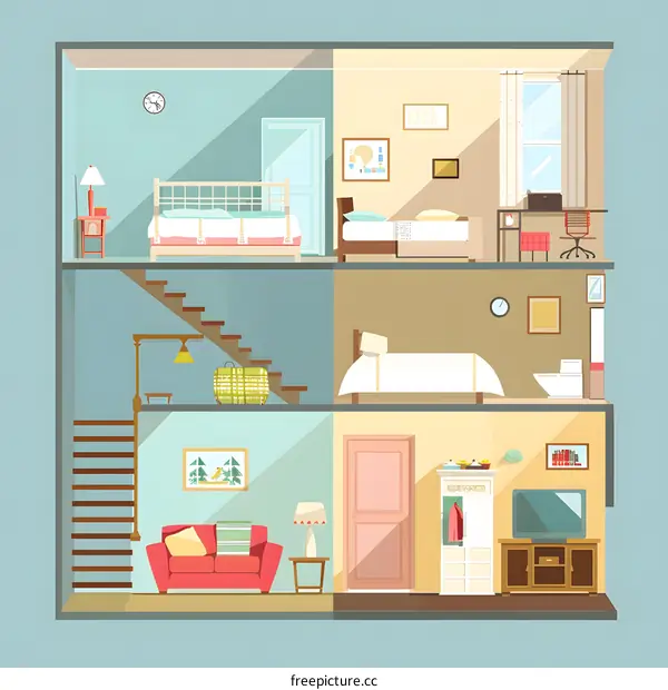 Cross Section View of a Modern Home Interior Design with Living Room, Bedroom, and Kitchen