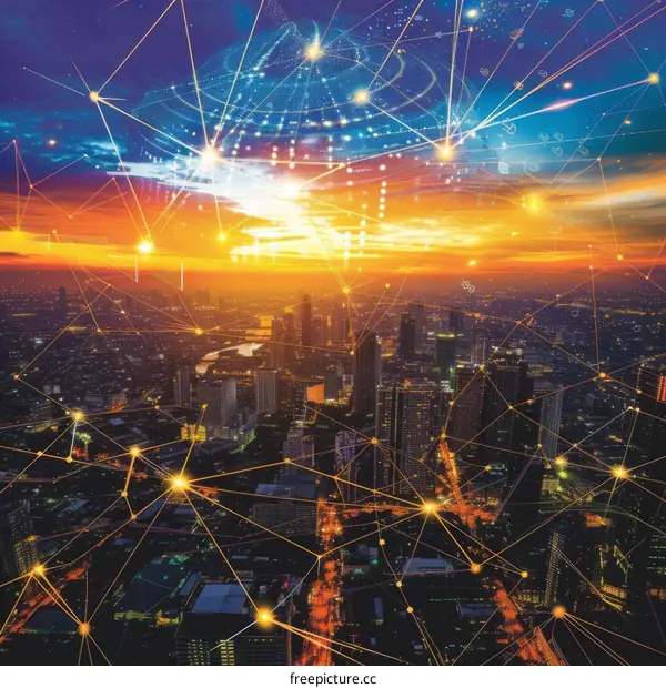 Cityscape with network connection and data flow at sunset