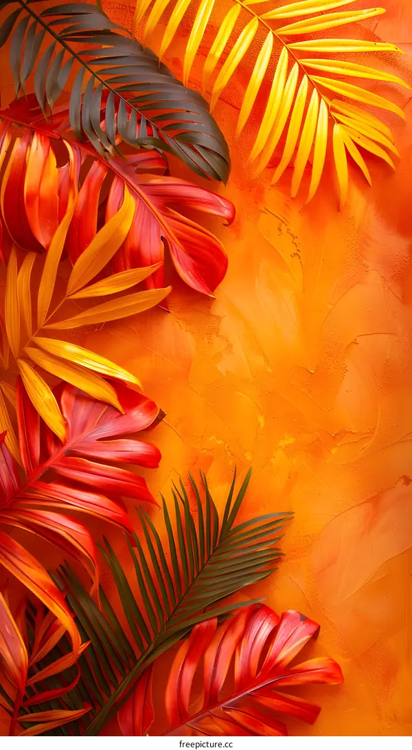 Tropical Palm Leaves on Orange Background