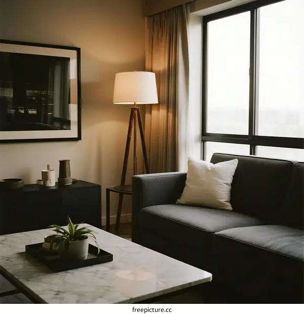 A Modern Living Room with Gray Sofa and Floor Lamp