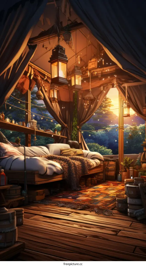 Cozy bedroom interior with a forest view