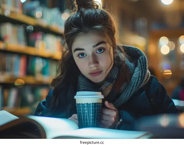 Young woman reading a book in a library