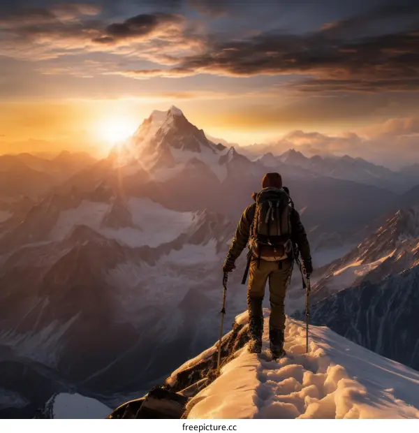 Mountaineer on the summit of a snow-capped mountain during a sunrise