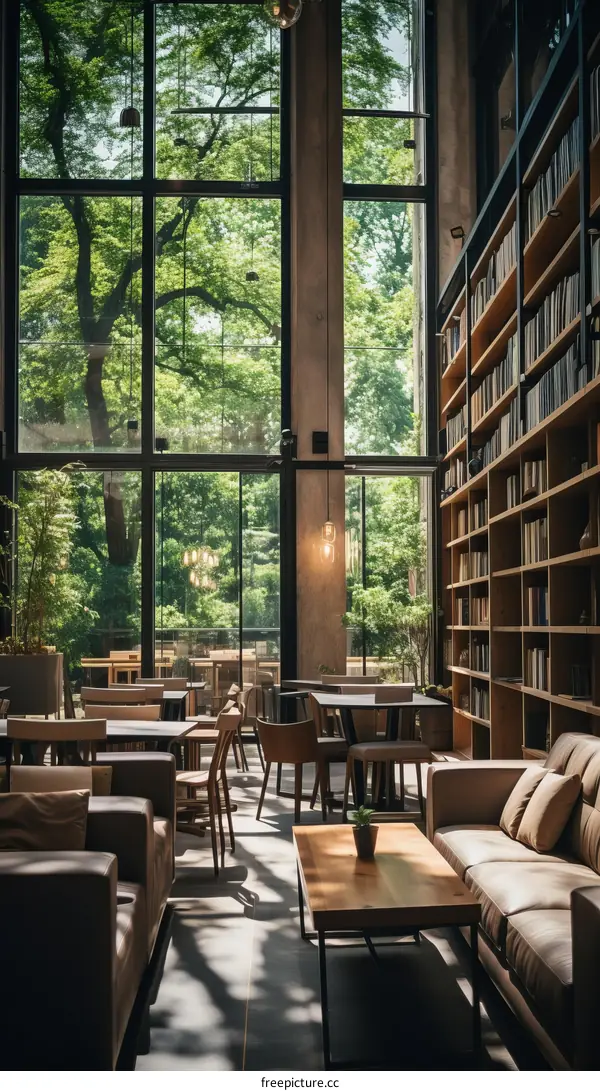 Modern library interior with large windows and wooden furniture