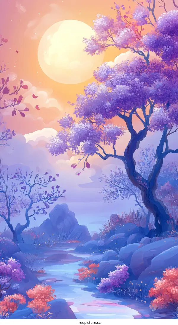 A Pastel Dreamy Landscape with Full Moon