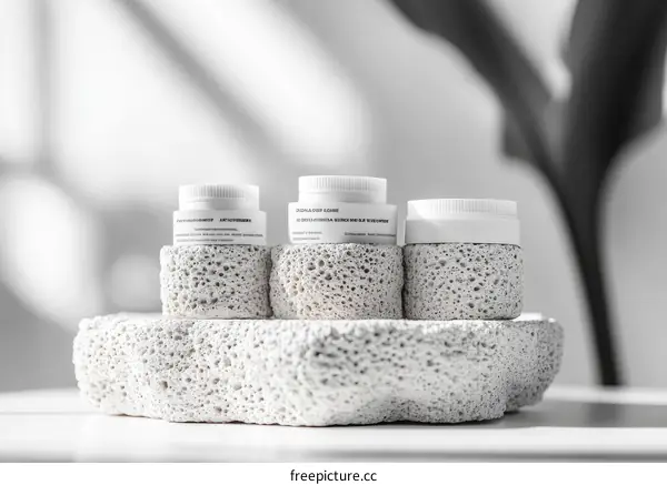 Elegant White Cosmetic Jars on Decorative Stone Display