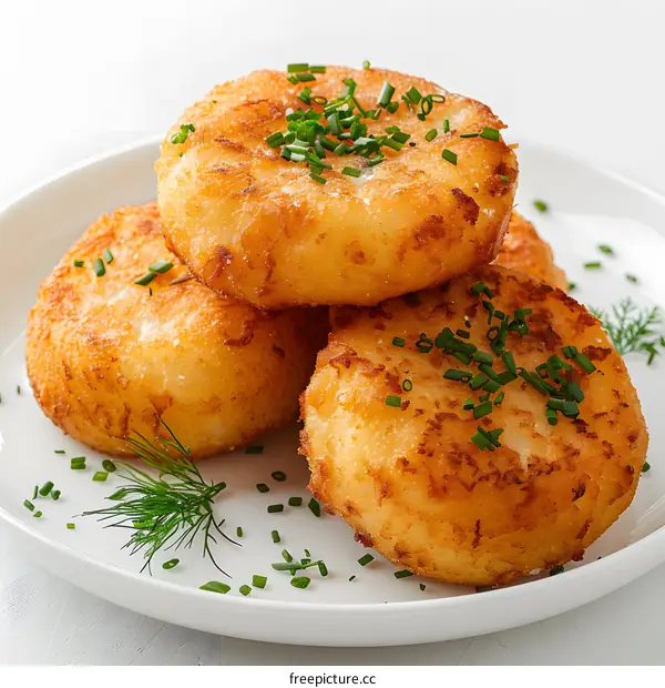 three fried potato pancakes with dill and chives