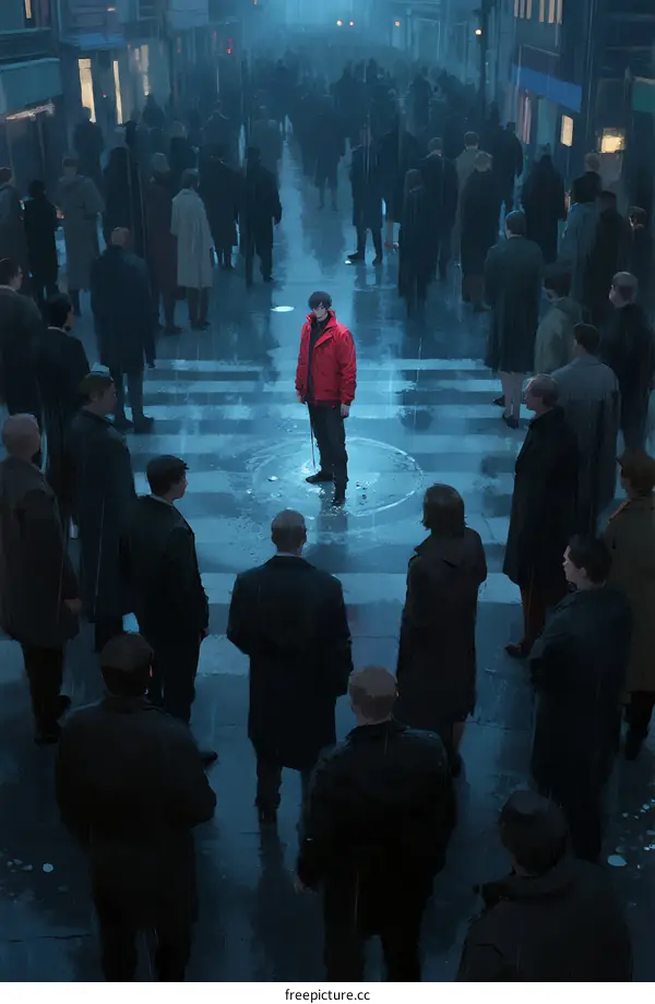 A solitary figure in a red coat standing amid a crowd on a rainy street