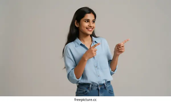 Young Indian Woman Pointing Fingers to Side with Smile