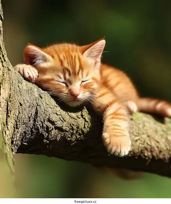 Orange Tabby Kitten Sleeping on Tree Branch