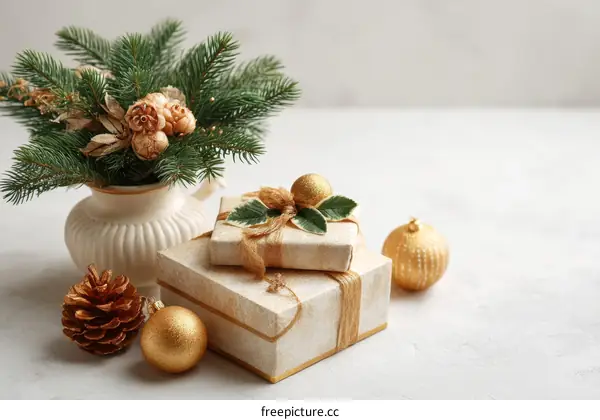 Christmas Decor with Gold Gifts and Ornaments
