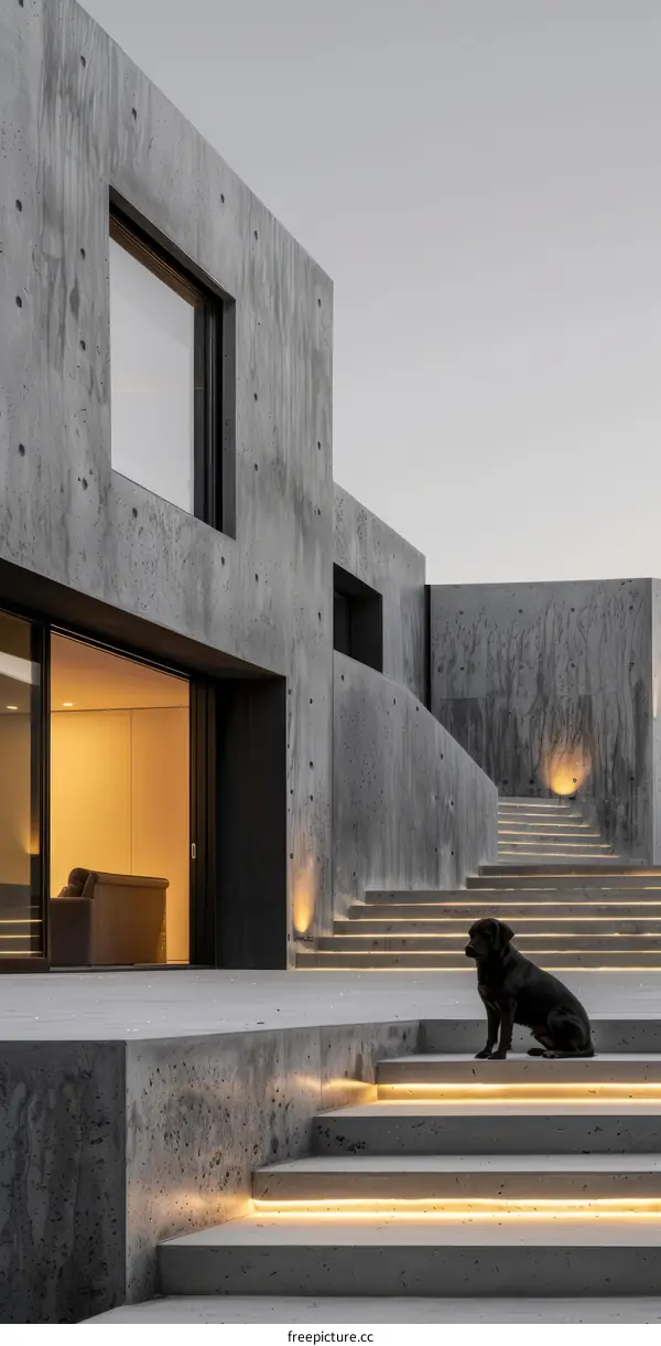 Black Dog on Modern Concrete Stairs