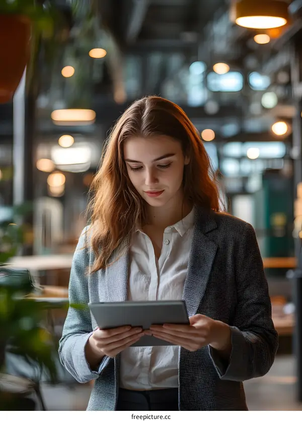 Young Woman in Business Attire Using Tablet in Modern Office
