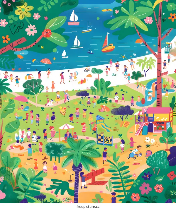 Colorful Illustration of Kids Playing in Park with a Beach and Boats in the Background