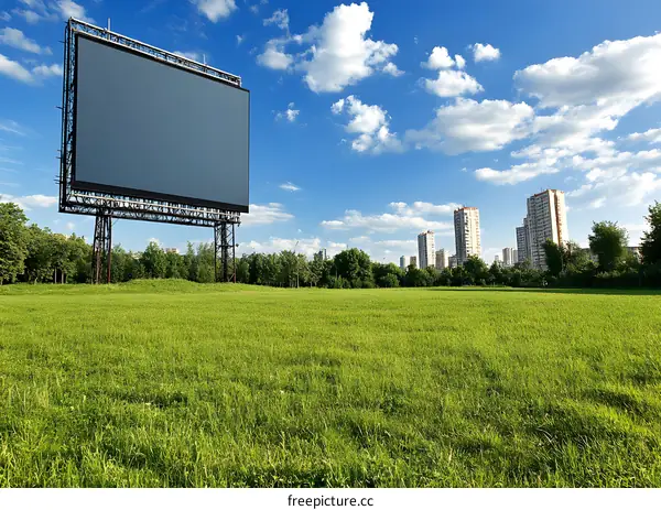 Blank Billboard in Grass Field Against Cityscape