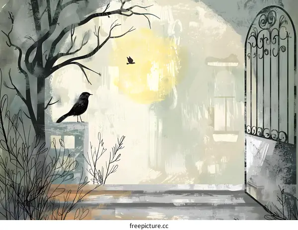 Silhouettes of Birds on a Branch Against a Grunge Wall Background