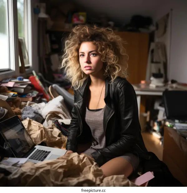 Portrait of a young woman sitting on a bed and looking at her laptop.