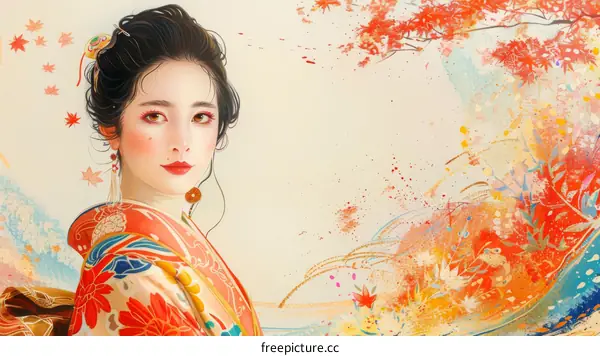 A beautiful Japanese woman in a kimono standing in a field of red maple leaves.