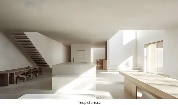 Minimalist Modern Home Interior Design with Wooden Staircase and Sunlight