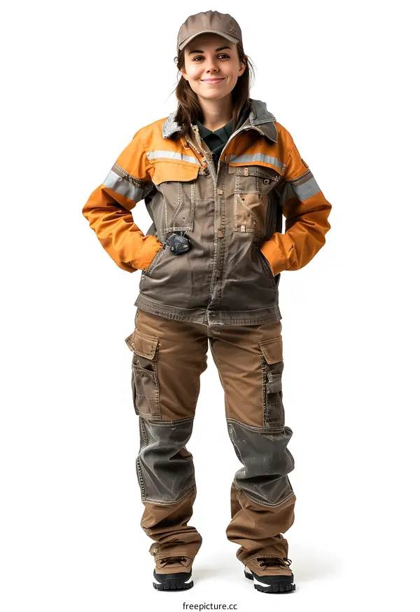Woman in Workwear Standing on White Background