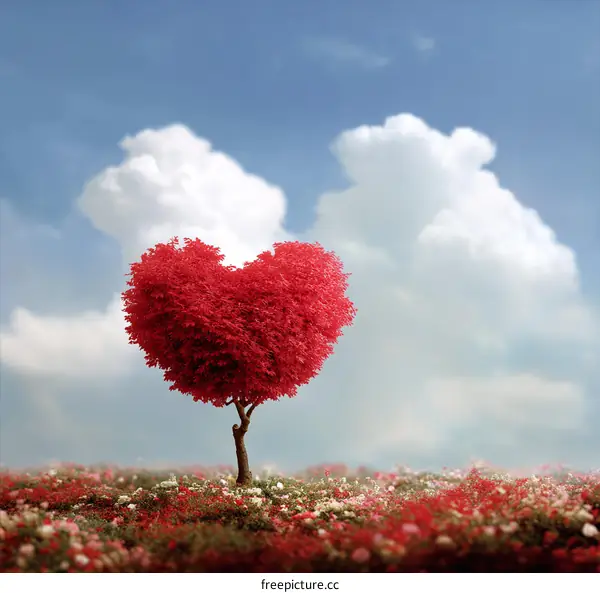 Heart-Shaped Tree in a Field of Flowers