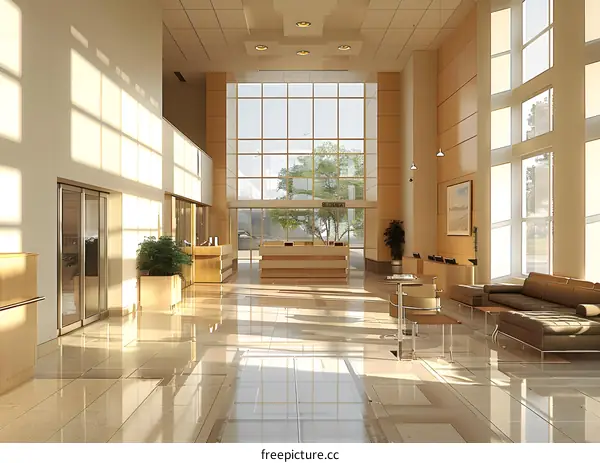 Modern Office Lobby Interior Design with Large Windows and Sunbeams