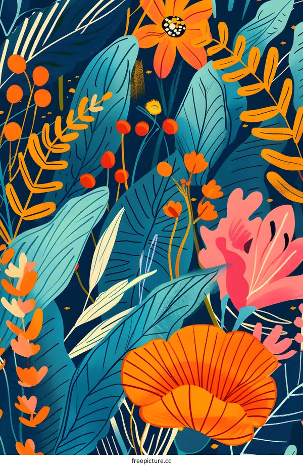 Colorful Floral Pattern Illustration With Blue and Orange Tones